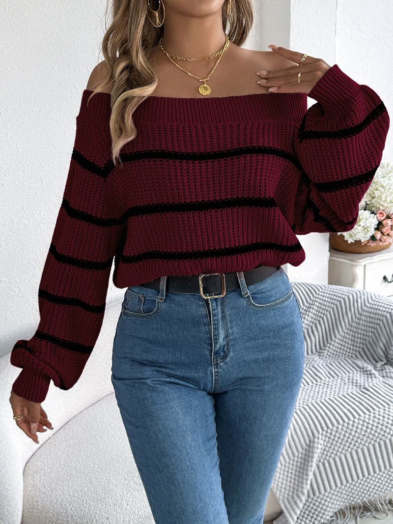 2025 Herbst und Winter Casual Striped Off-Shoulder Laterne Ärmel Pullover Pullover Damenbekleidung_voghion.com