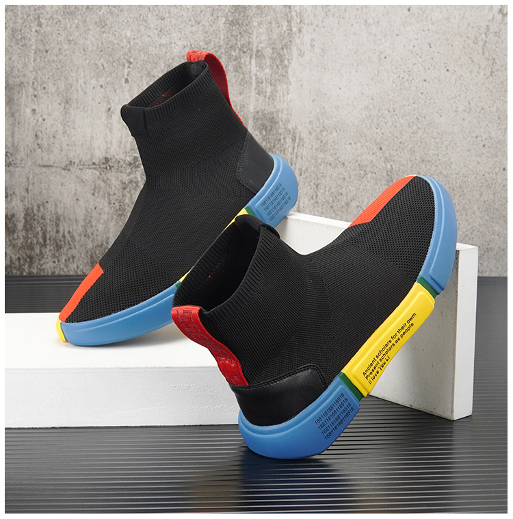 High Top Socks Shoes For Men 2023 Autumn New Trendy Breathable Knitted Slip On Sneakers Thick Sole Color Matching Trendy Shoes_voghion.com