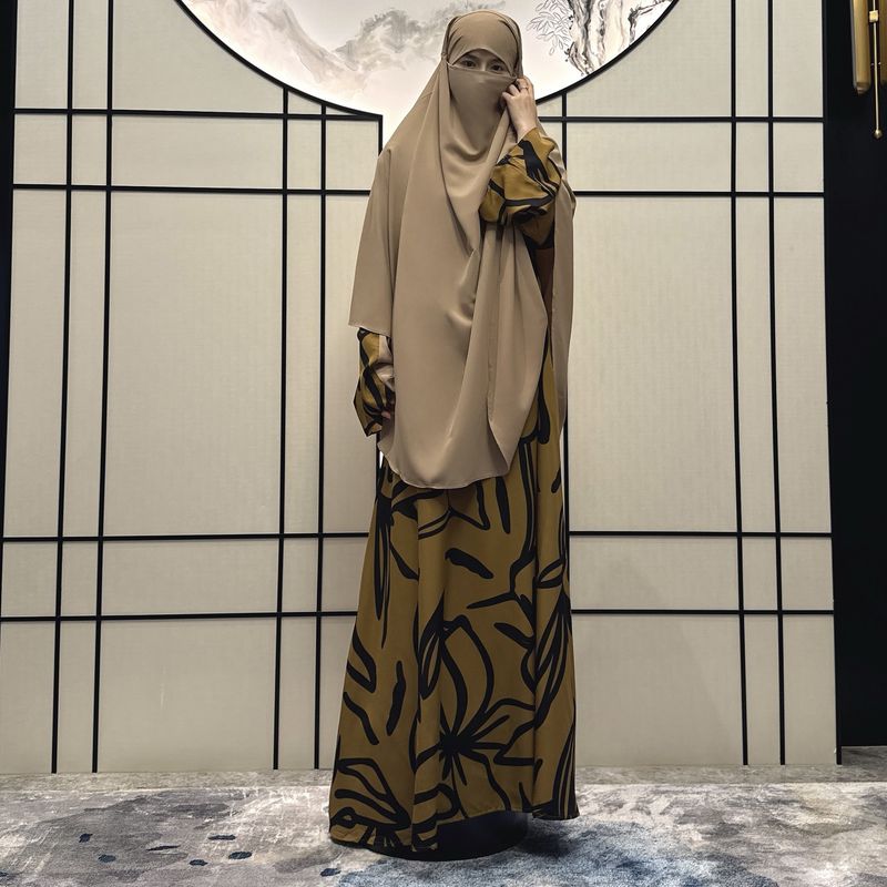 Women's Clothing Ladies Long Sleeved Robe Abaya Non Positioning Color Dress Print With Headscarf Two Piece Set_voghion.com