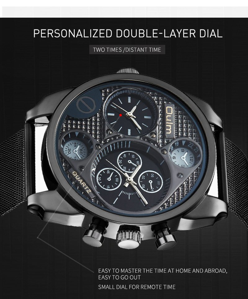Men's Fashion Watch With Large Dial, GMT Dual Time Function, Stainless Steel Mesh Strap, Quartz Movement, Casual Style Mesh Watch Trendy Brand_voghion.com