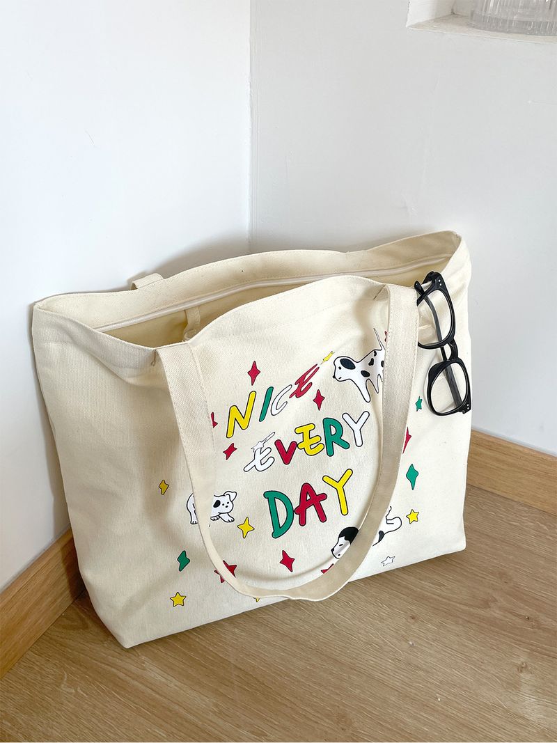 2024 New Student School Cute Illustration Large Capacity Shoulder Zipper Canvas Tote Bag Women_voghion.com