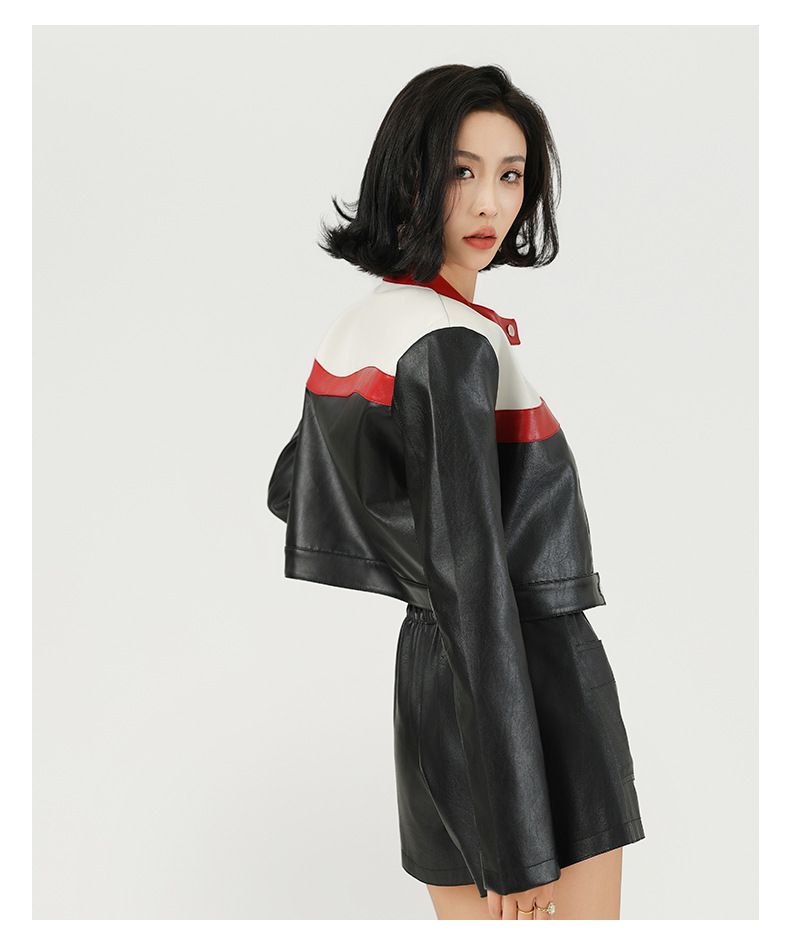 Neue Color-Block Patchwork Motorrad Pilot Kurzmantel Damen Lederjacke_voghion.com