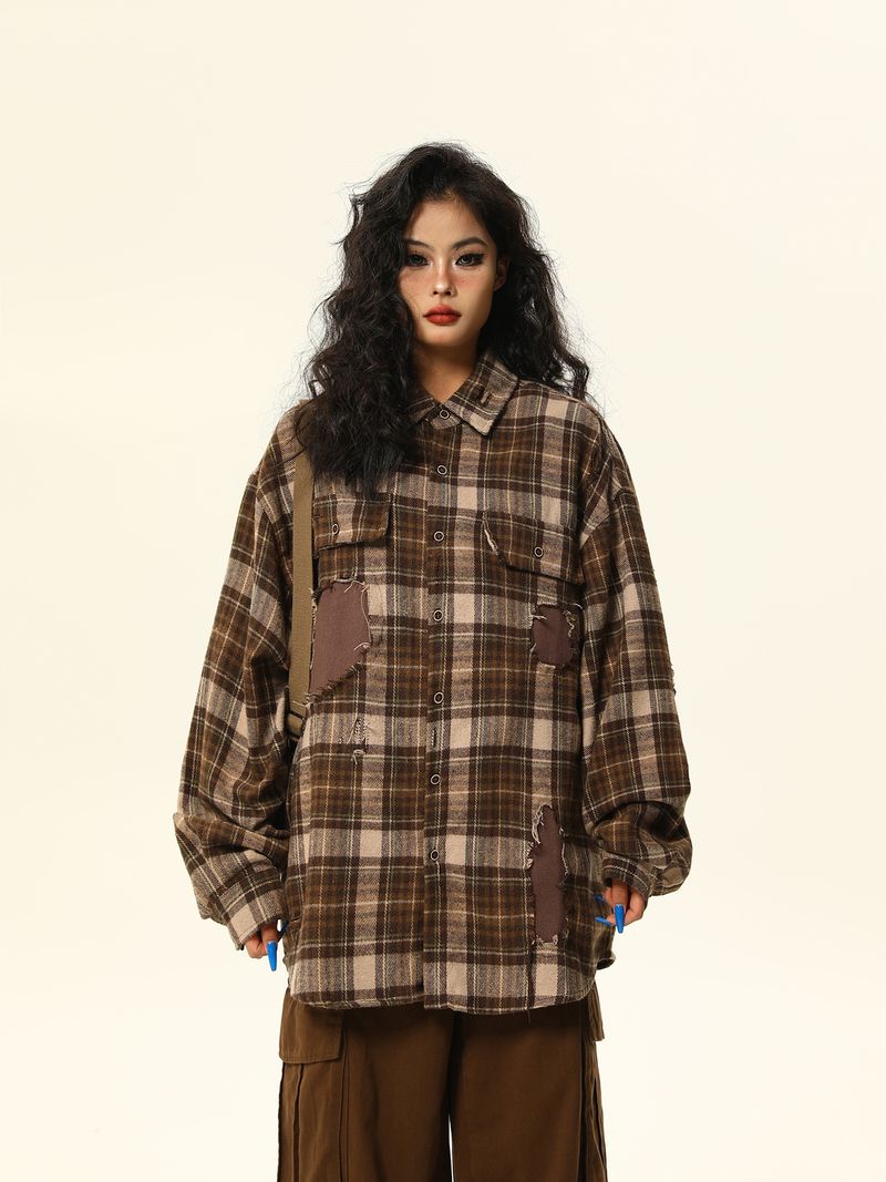 Camicia a quadri a maniche lunghe alla moda in stile americano Wild Azi per donna con design di patch rovinate_voghion.com