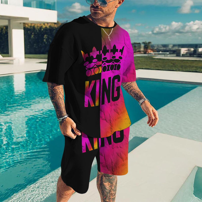 Heren zomer shorts losse casual korte mouwen met kleur blokkering KING bedrukt T-shirt set_voghion.com