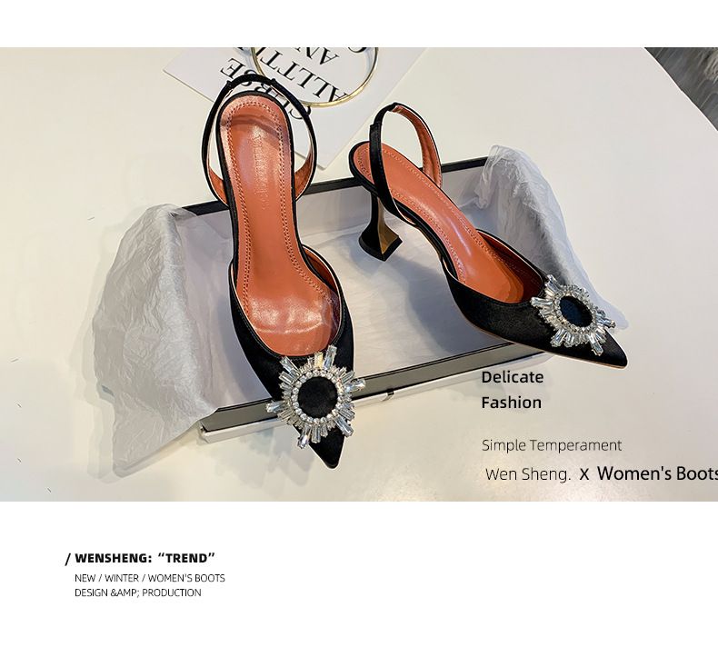 Solid color pointed women's sandals new sun buckle rhinestone high-heeled shoes with a glass with a baotou women's shoes_voghion.com
