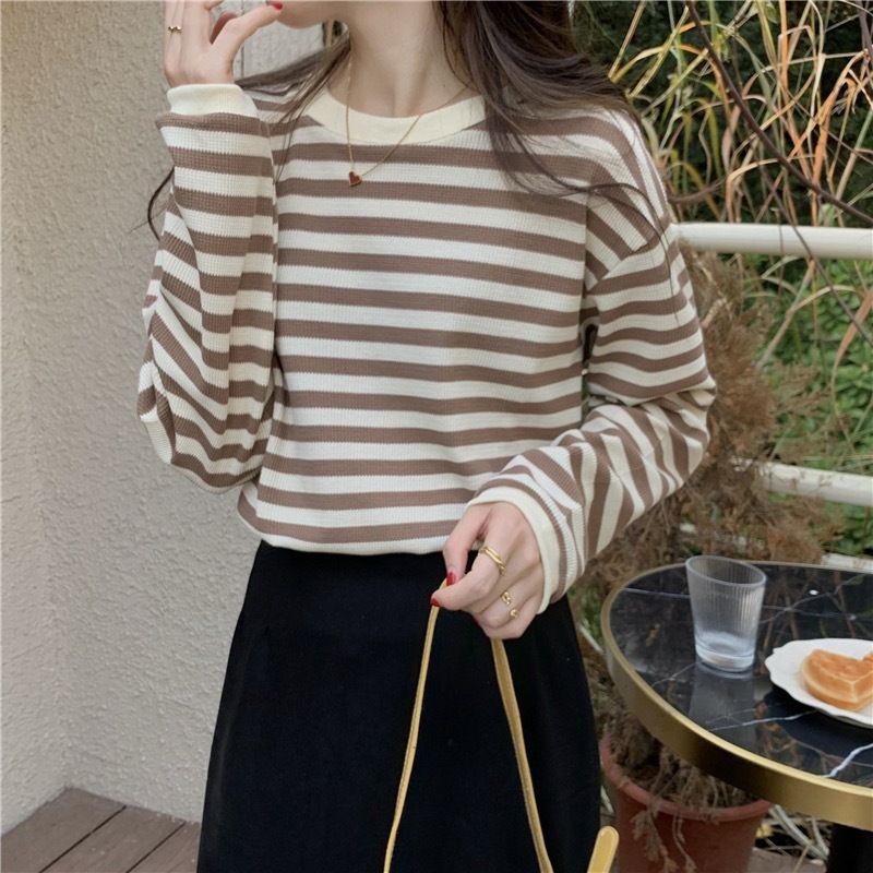 Maglietta a maniche lunghe con base a righe color-block per donna, elegante e casual, per l'inizio dell'autunno, per il pendolarismo_voghion.com