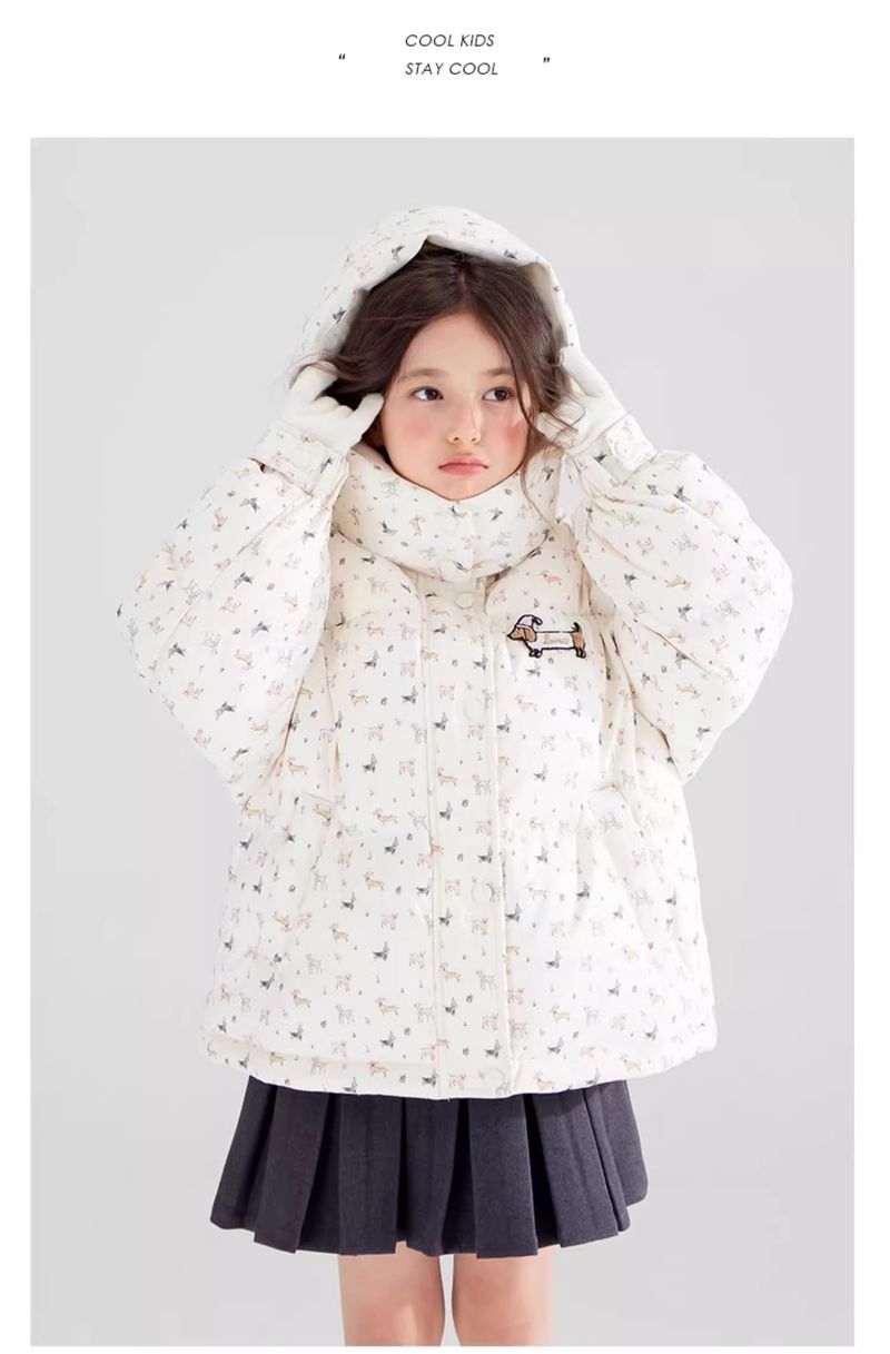 Mädchen-Winterpufferjacke – Abnehmbare Kapuze, Dackel-Print, Thermofutter (120–170 cm, Creme, Kurzlänge für Schule und Freizeit)_voghion.com