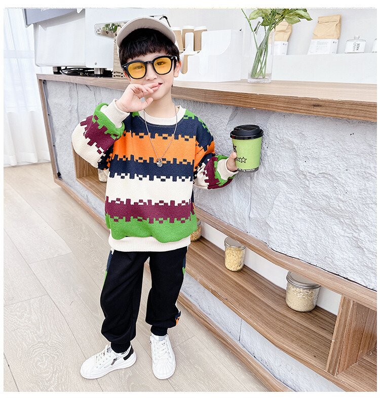 Boys' Colorful 2023 Spring and Autumn New Handsome Striped Sweater Two Piece Set for Children's Fashion_voghion.com
