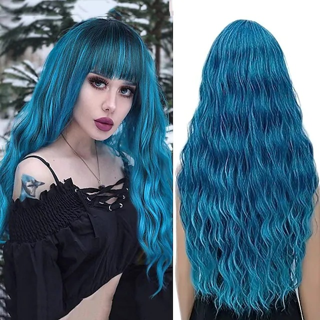 Synthetic wig New Women's Small Water Wave Pattern Wool Long Curled Hair Straight bangs Multi color Chemical Fiber Head Cover_voghion.com