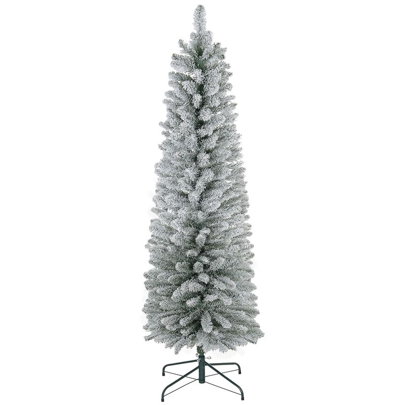 5ft Artificial Pencil Christmas Tree With 263 Snow Flocked Tips, Metal Base, Realistic Xmas Tree_voghion.com