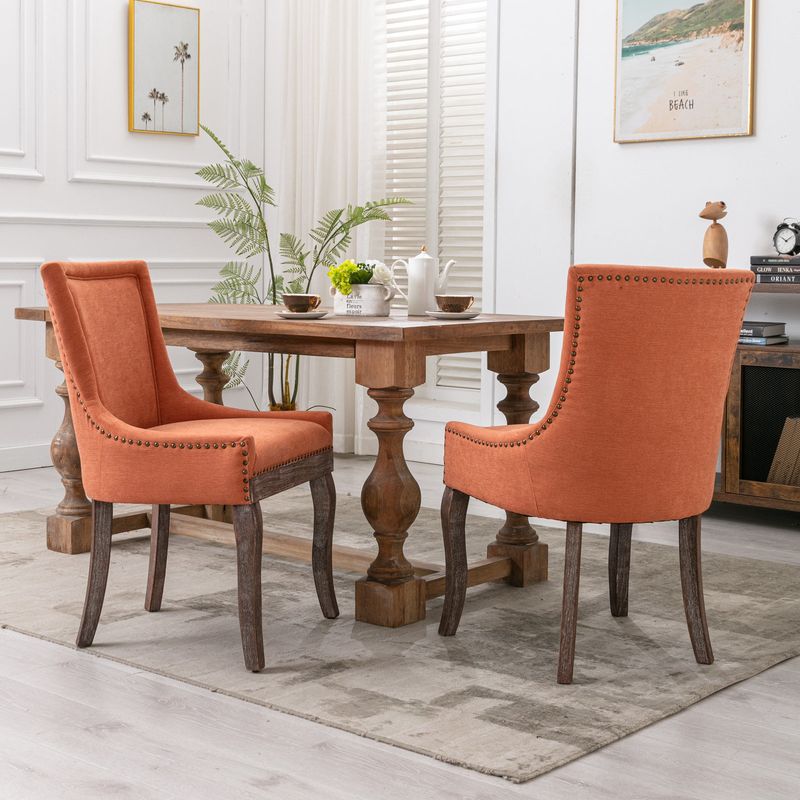Furniture; Ultra Side Dining Chair; Thickened fabric chairs with neutrally toned solid wood legs; Bronze nail head; Set of 2_voghion.com
