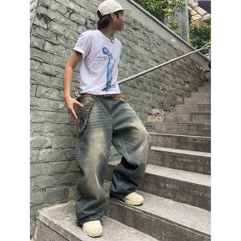 Men's Clothing Spring And Autumn Washed Old Design Jeans Loose Floor Mopping Wide Leg Long Pants_voghion.com