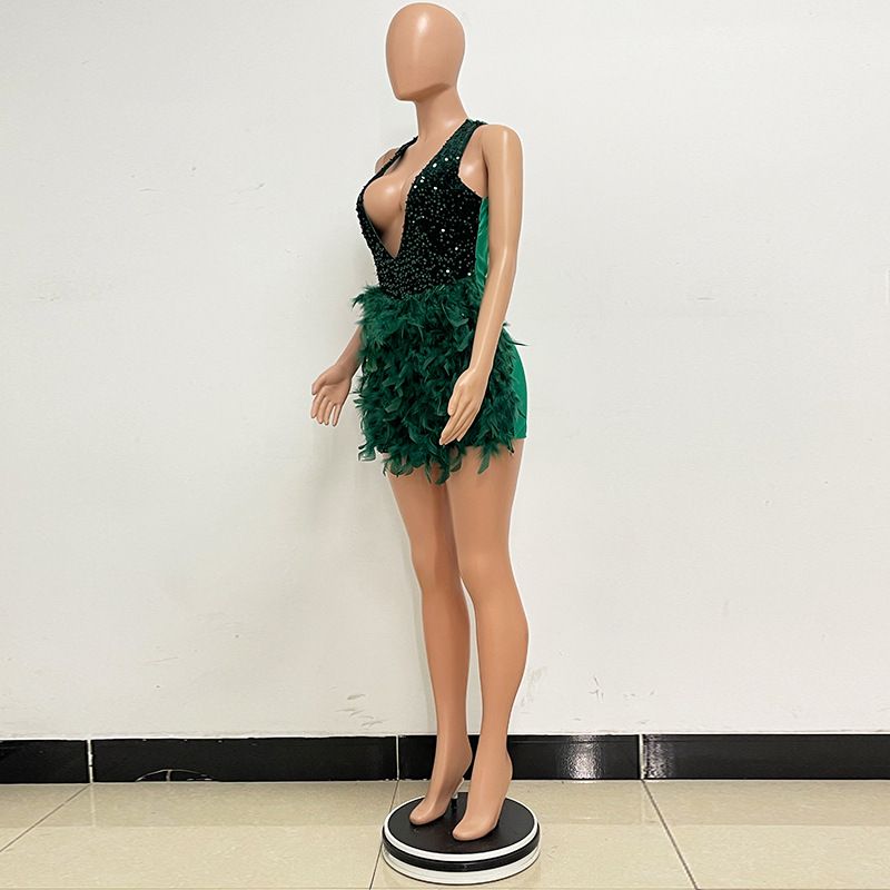 Women's High-end Light Luxury Sleeveless Hip Hugging Skirt Pure Desire Wind Deep V Backless Feather Dress For Women_voghion.com