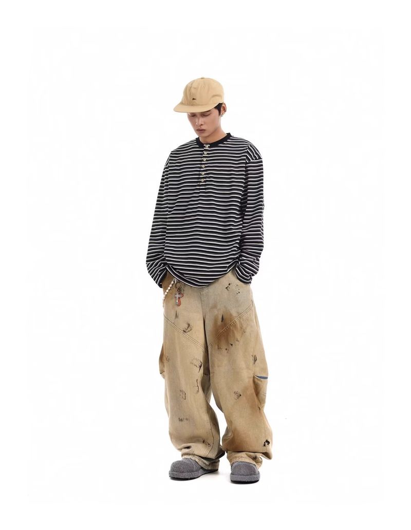 Men's Distressed Patchwork Denim Pants – Post-Apocalyptic Wide-Leg Jeans (High Waist, Button Fly, Lightweight)_voghion.com