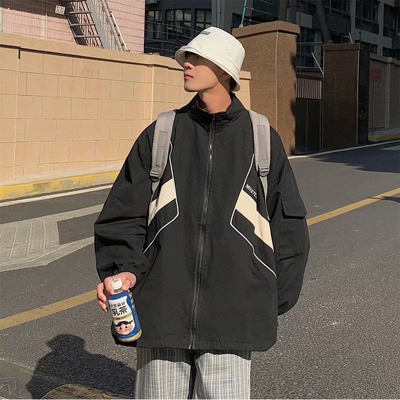 Color blocking assault for men's mountain trendy American style loose fitting and handsome outdoor standing collar_voghion.com