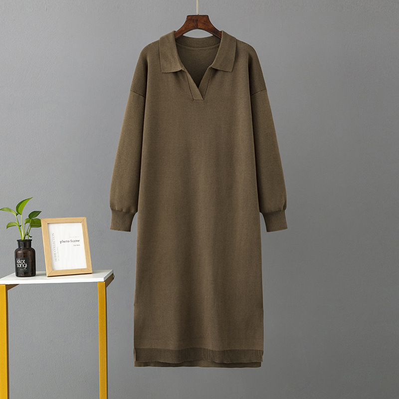 Women's Clothing autumn and winter new Polo collar bottoming knitted dress loose large size solid color ladies dress_voghion.com