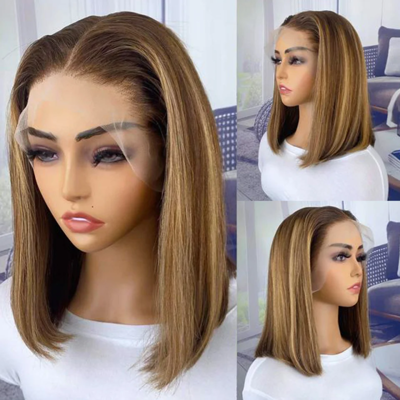 Kurze Bob-Ombre-Perücken aus Echthaar, blond, glatt, mit Spitzenfront_voghion.com