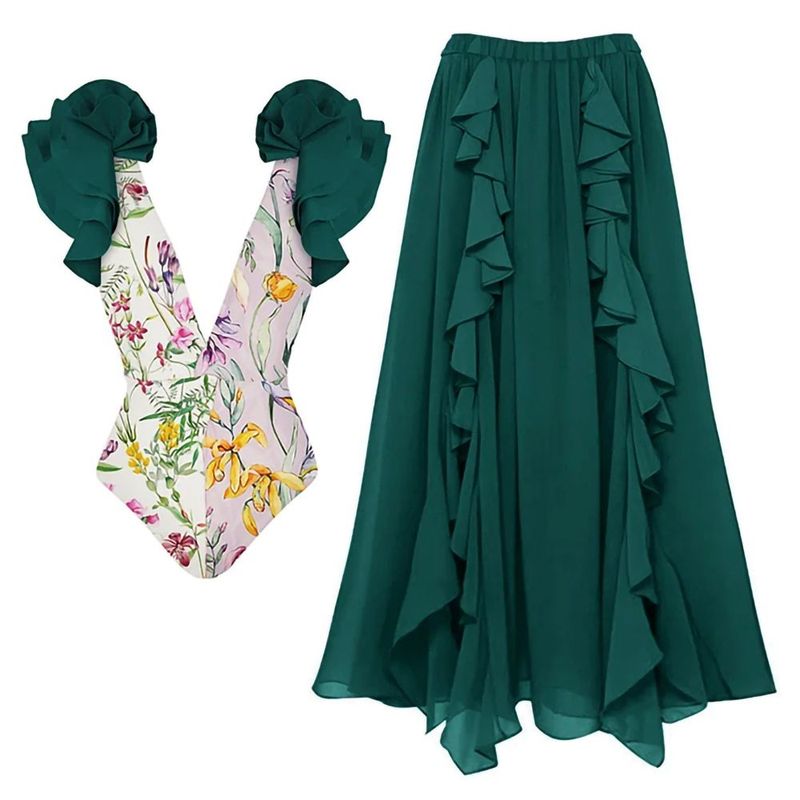 Einteiliger Badeanzug mit tiefem V-Ausschnitt und Blumenmuster für Damen_voghion.com