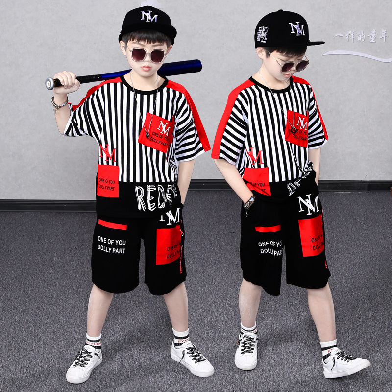 Abbigliamento per bambini, completo per ragazzi, maglietta estiva a maniche corte a righe, ragazzi grandi, versione coreana, pantaloni divisi, due pezzi_voghion.com