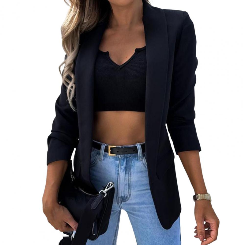 Fashion 2022 Blazer Woman Jacket Flap Pockets Solid Color Suit Jacket Office Work Lapel Open Front Cardigan Blazer_voghion.com