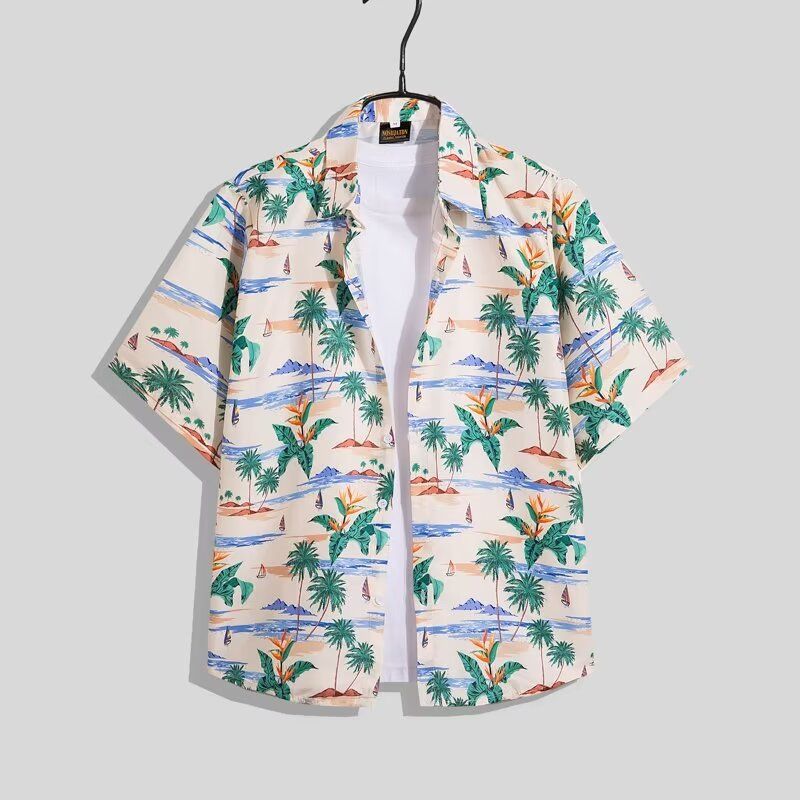 Strand til mænd, strandferie, Hawaii, kortærmet blomsterskjorte, løs og alsidig, afslappet parsæt i to dele_voghion.com