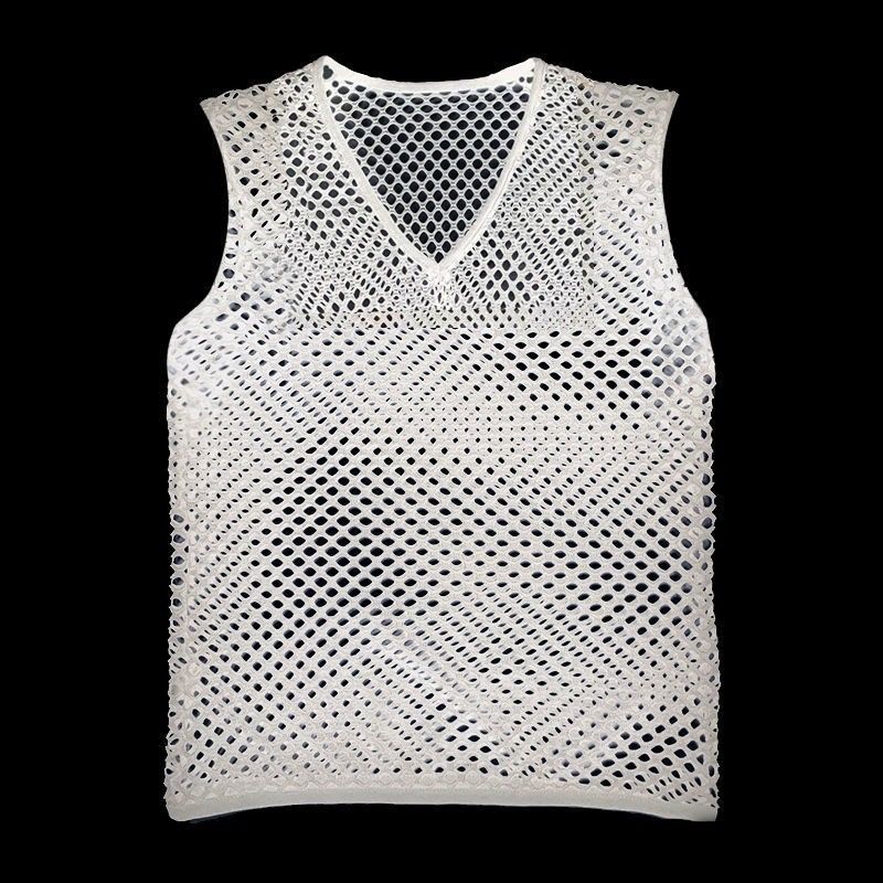 Men's Clothing Slim mesh vest short mesh spring and summer new product performance male model personality round neck waist hollow blouse_voghion.com