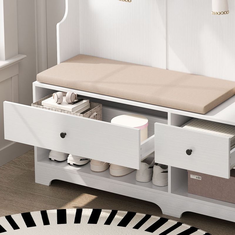 Multi-purpose Hallway Hall Tree With Removable Linen Cushioned Entryway Bench, Coat Rack, Storage Shelves, And DIY Pegboard,for Hallways, Living Room, White_voghion.com
