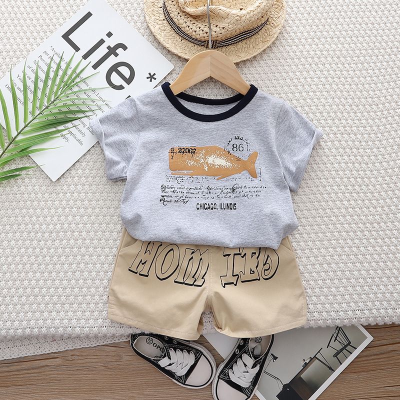 Meninos Verão 2024 Novo Bebê Moda Casual Gola Redonda Carta Golfinho Manga Curta Conjunto de Duas Peças_voghion.com