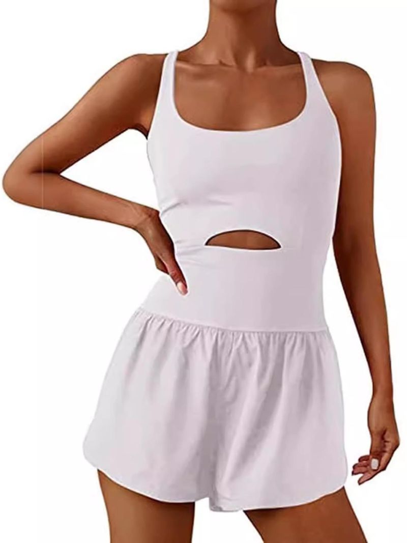 Tweedelige Illusion U-hals afslankende modieuze tanktop met aansluitende shorts, effen kleur, open rug, uitgeholde strakke romper voor dames_voghion.com