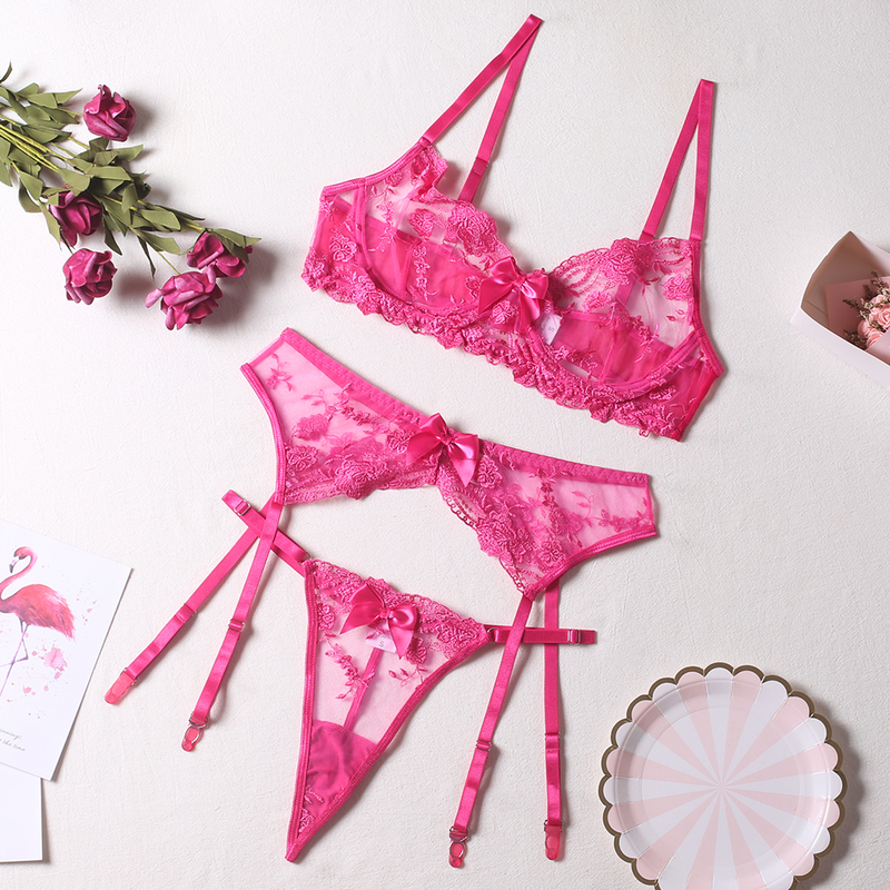 Blumenstickerei-BH-Set, sexy Dessous, Damen, dünn, Push-up-BH, BH + Strumpfbänder + Tanga, 3-teiliges Set, durchsichtige rosa Unterwäsche_voghion.com