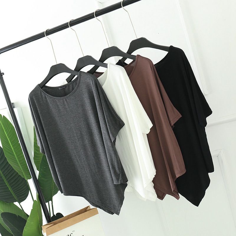 Vente chaude manches chauve-souris irrégulières été modal t-shirt col rond t-shirts décontractés amples grande taille t-shirts de base_voghion.com
