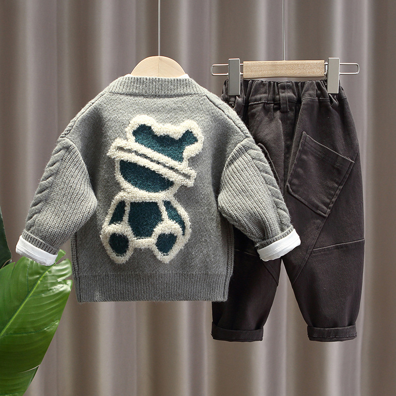 Ropa para niños Conjunto de ropa de otoño de tres piezas para niños, chaqueta de suéter de punto para bebé de estilo occidental, traje de suéter de primavera y otoño para niños_voghion.com
