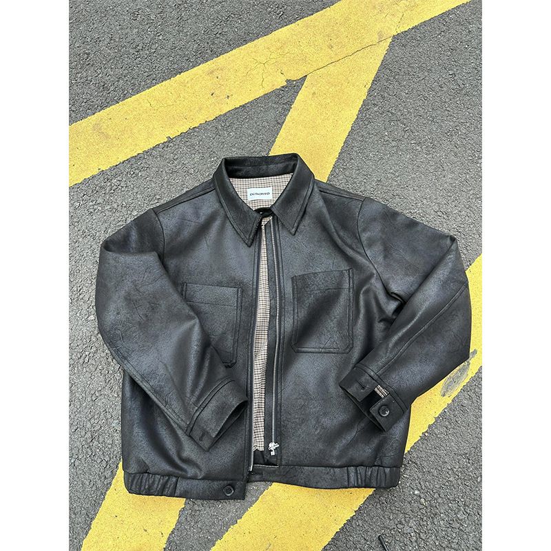 American Style Houndstooth PU Leather Short Jacket For Men, Autumn And Winter High-End Feel, Turn-Down Collar Hunting_voghion.com