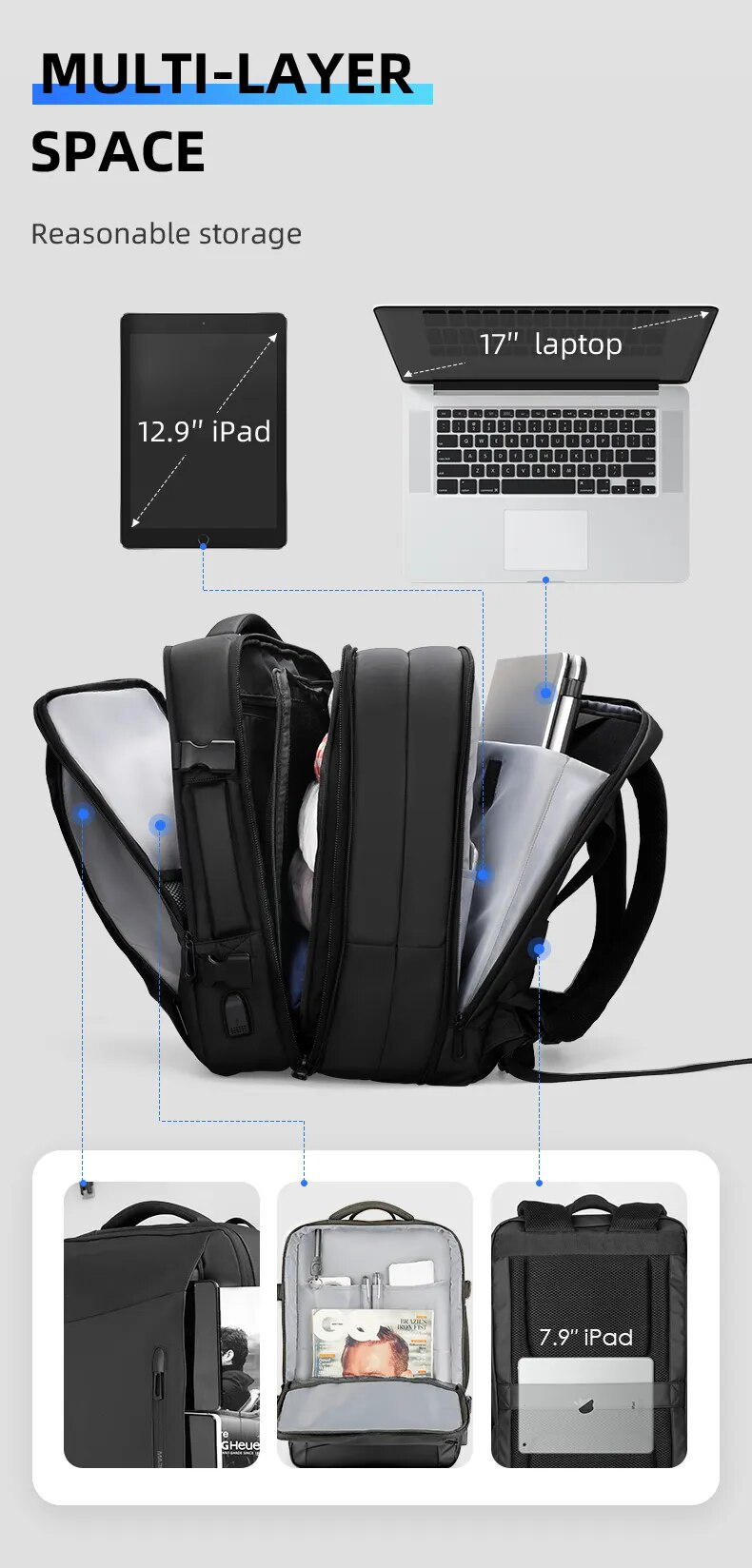 Erweiterbarer 17-Zoll-Laptop-Rucksack für Herren, Business-Handgepäck, Flugzulassung, 40 l Reiserucksack_voghion.com