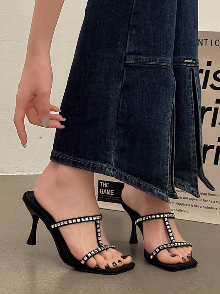 Miss Juejue, sandali neri con tacco alto, enorme bellezza, sandali Niche 2025 con punta quadrata e tacco sottile e strass_voghion.com