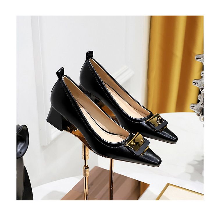 1235-K56 Stile Professionale OL Donna Bocca Bassa Piccola Testa Quadrata Fibbia In Metallo Tacco Medio Spesso Pendolare Singolo_voghion.com