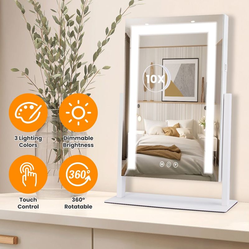 Vanity Mirror With Lights,3 Lighting Colors Dimmable Brightness Smart Touch Control 10X Magnifying Mirror 360°Rotation LED Lighted Makeup Mirror For Desk Bedroom Dressing Room_voghion.com