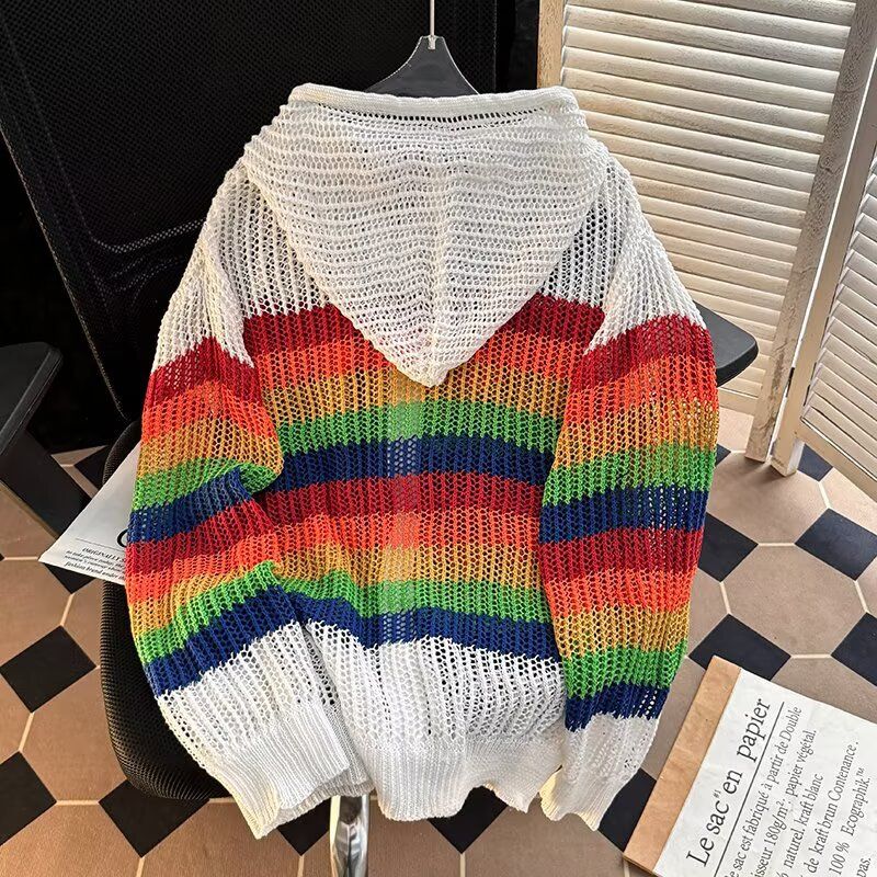 Herrenbekleidung, bunt, Regenbogen-gestreift, Hohlstrickjacke, lockere Kontrastfarbe, Kapuze, langärmeliges T-Shirt_voghion.com