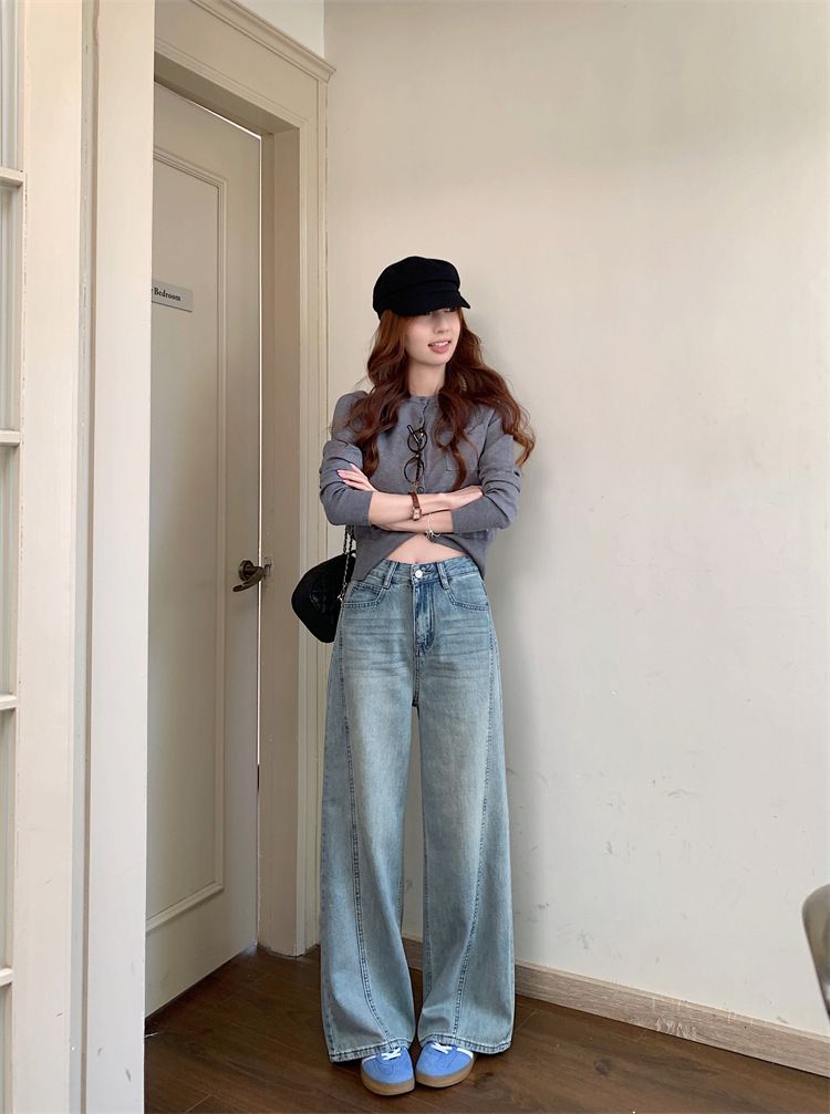 Weite Jeans im Frühlingsstil für Damen, neue hoch taillierte, gerade Beine mit hängendem Griff, bodenlange Hose_voghion.com