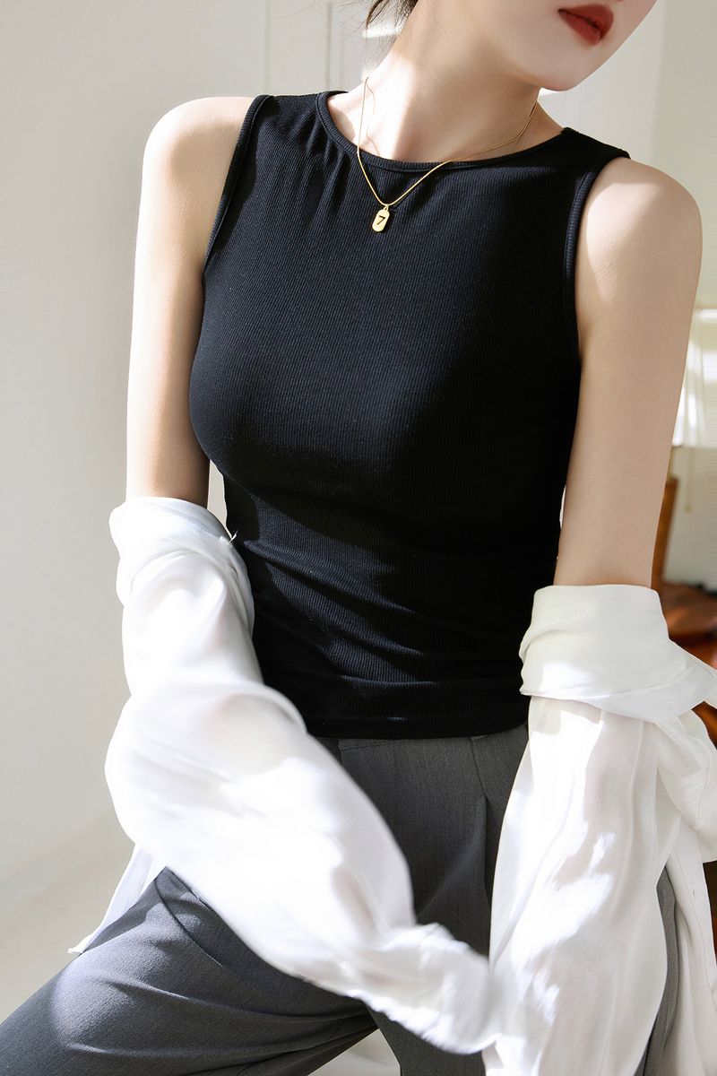 Gilet senza maniche in cotone con spalline larghe per donna, da indossare all'esterno, con bretelle aderenti._voghion.com
