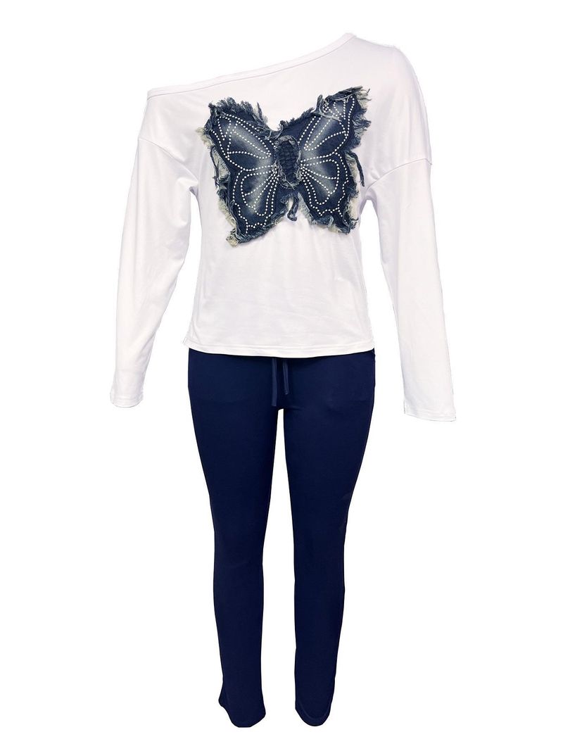 Women’s Clothing Spring and Summer New Casual Contrast Off shoulder Denim Butterfly Decorated Long sleeved Top Color blocked Pants Two piece Set_voghion.com