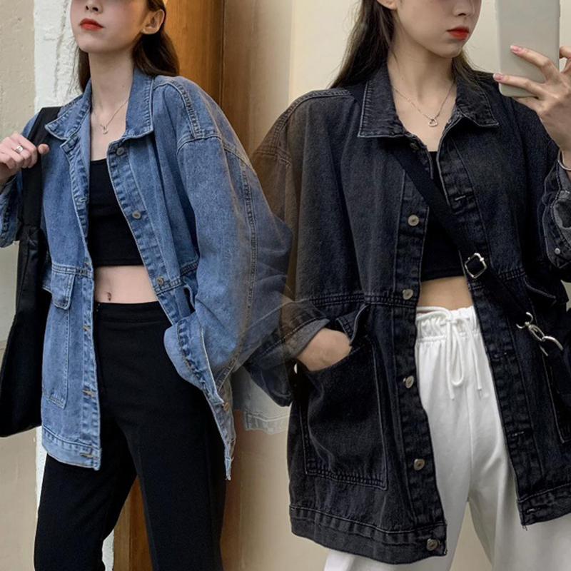 Damjacka tvättad denim Enkelknäppt koftaknappar Håller värmen Långa ärmar Nedfällbar krage Kvinnor Kappa Kvinna_voghion.com