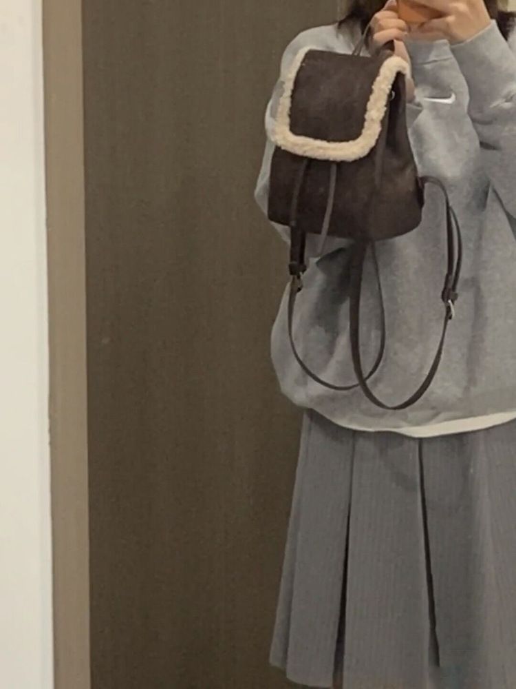 2024 Winter New Plush Shoulder Korean Ins Simple and Versatile Lamb Wool Splicing Bag for Women_voghion.com