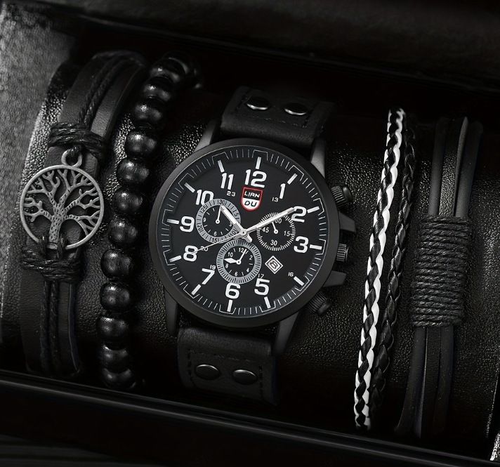 Orologio al quarzo da uomo Three Eyes Business Fashion Trend con cinturino e bracciale, set da 5 pezzi_voghion.com