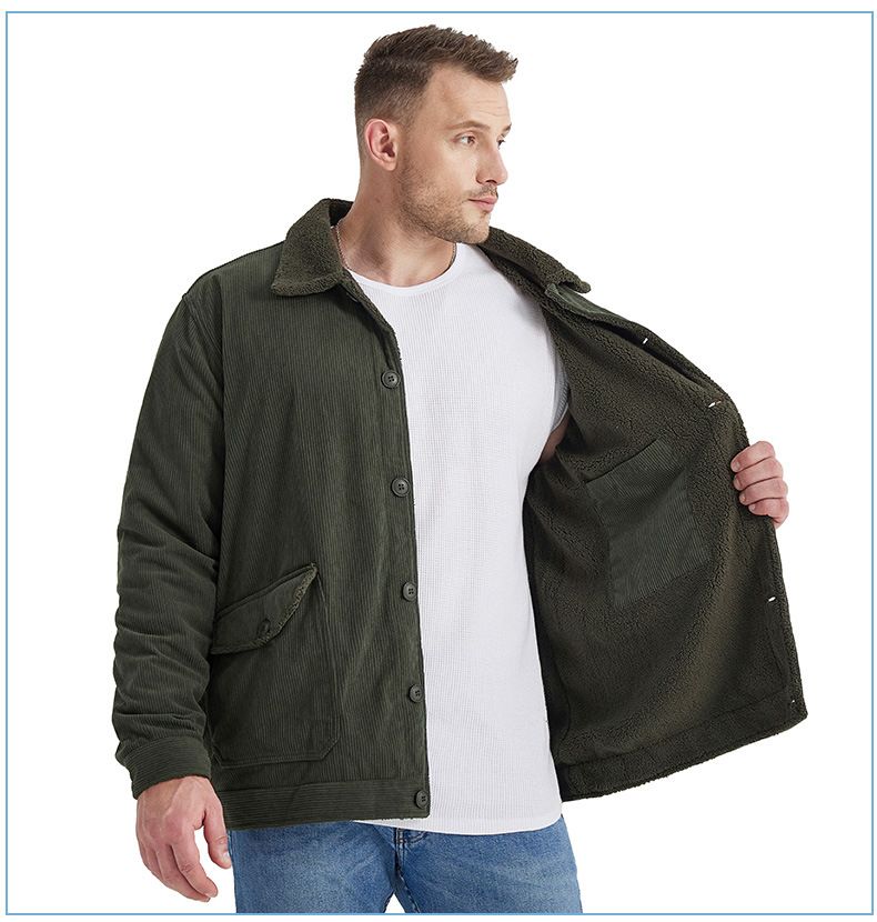 "Herrenjacke aus Cord und Lammfell mit Revers – Plüschiger, dicker Mantel in großer Größe (Schwarz/Grün/Hellbraun, S-XXL)"_voghion.com