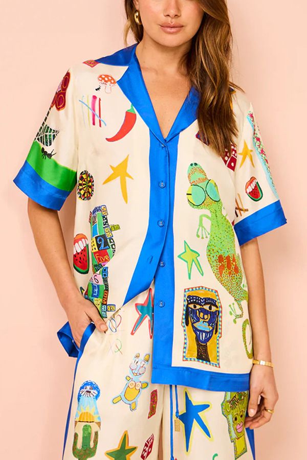 Vêtements pour femmes, chemise à revers en satin imprimé graffiti, manches courtes + pantalon, costume deux pièces décontracté_voghion.com