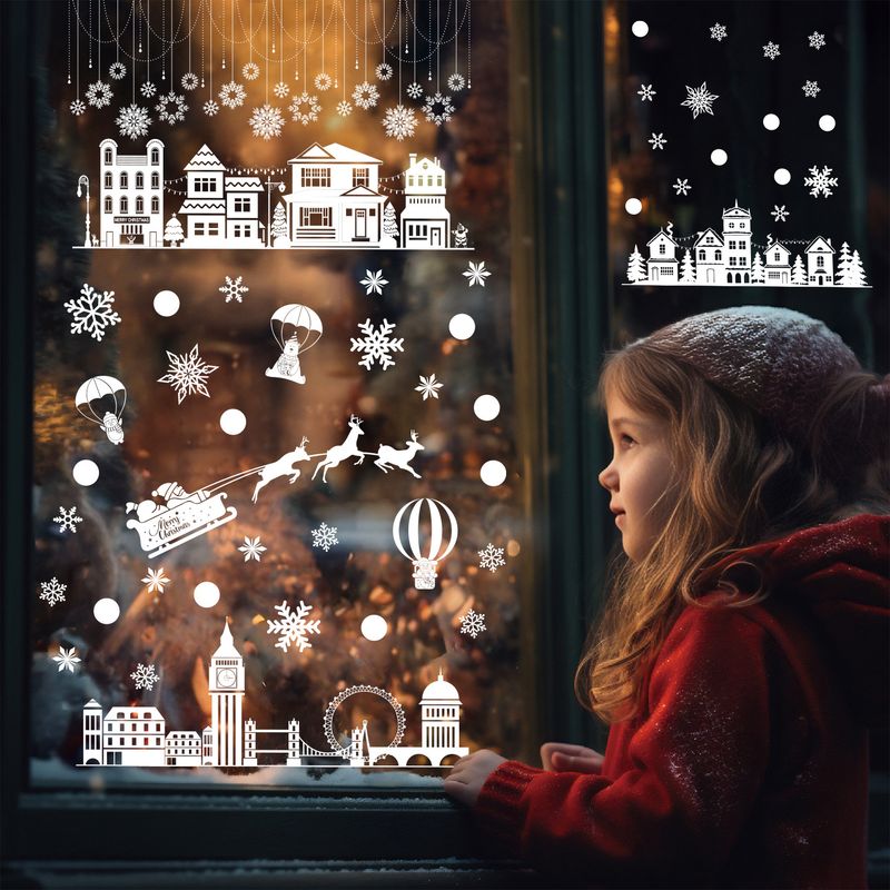 Weihnachtsdekoration im Großhandel: Statisch haftende, grenzüberschreitende Hausaufkleber mit weißen Schneeflocken für Schaufenster in Einkaufszentren_voghion.com