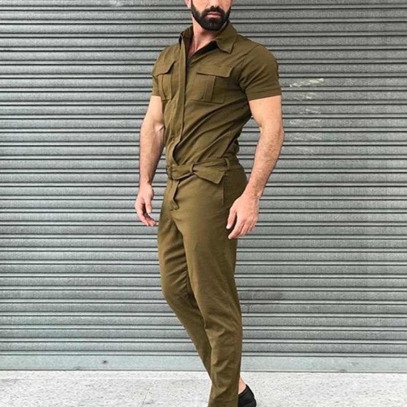 Yumuşak Nefes Alabilir İş Tulumu Kısa Kollu Yaz Erkek Sokak Giyim Tulum Çalışma_voghion.com