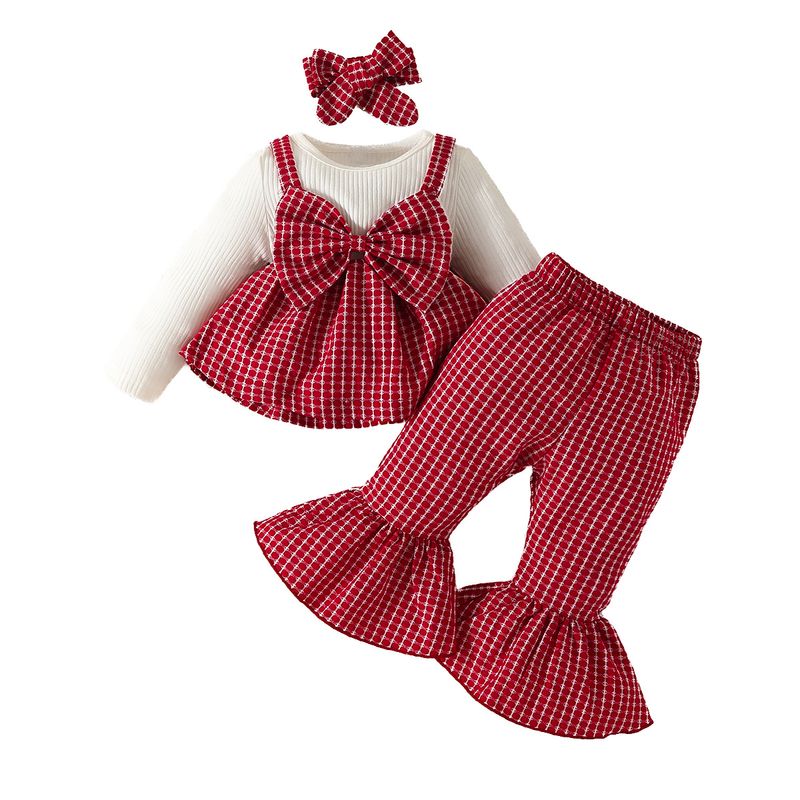 "Elegant Checkered Bow Baby Girl Outfit Set - Long Sleeve Top & Pants, Soft Polyester Blend, Princess Style (1-3 Years, 80-100cm)"_voghion.com