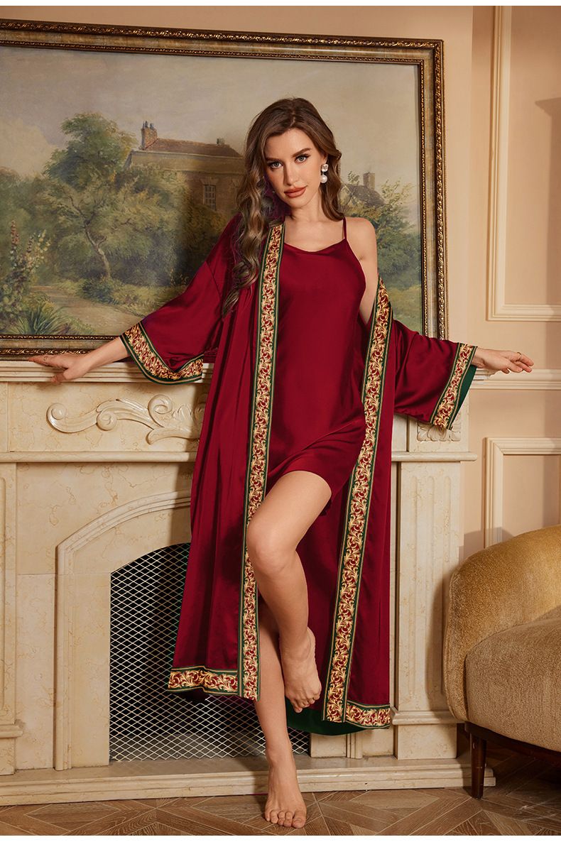 Luxe satijnen chiffon kamerjas - elegante loungewear- en nachtkledingset voor dames met transparante draperie (zwart, wijnrood, saliegroen)_voghion.com